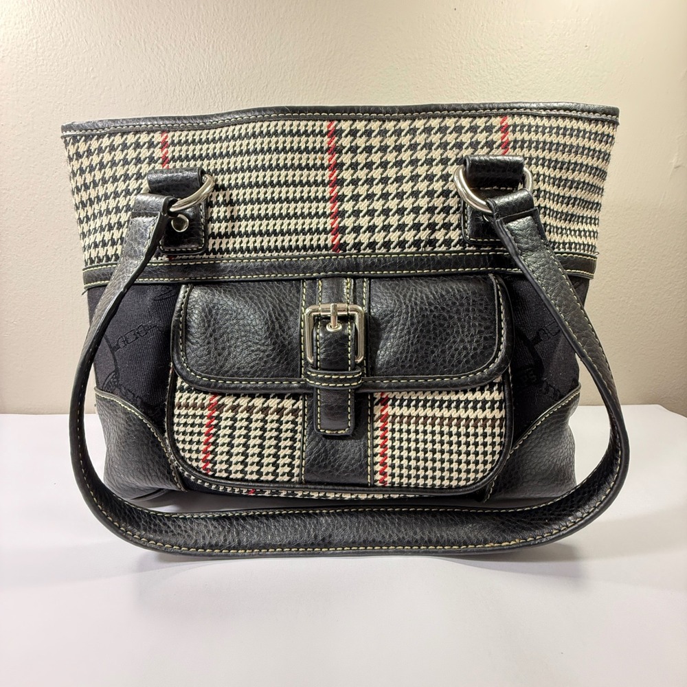 Chaps Leather Purse Black White Houndstooth Red Stripe - Picture 4 of 13